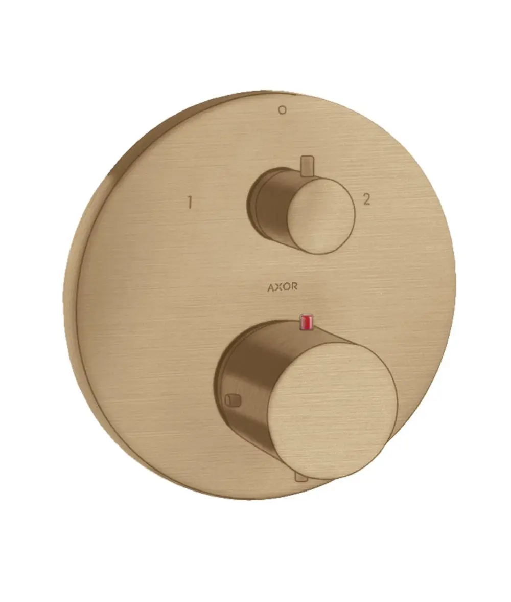 Thermostatsteuerung von AXOR in gebürstetem Bronze-Finish, bestehend aus zwei Drehreglern zur Temperatureinstellung und Wasserumstellung.